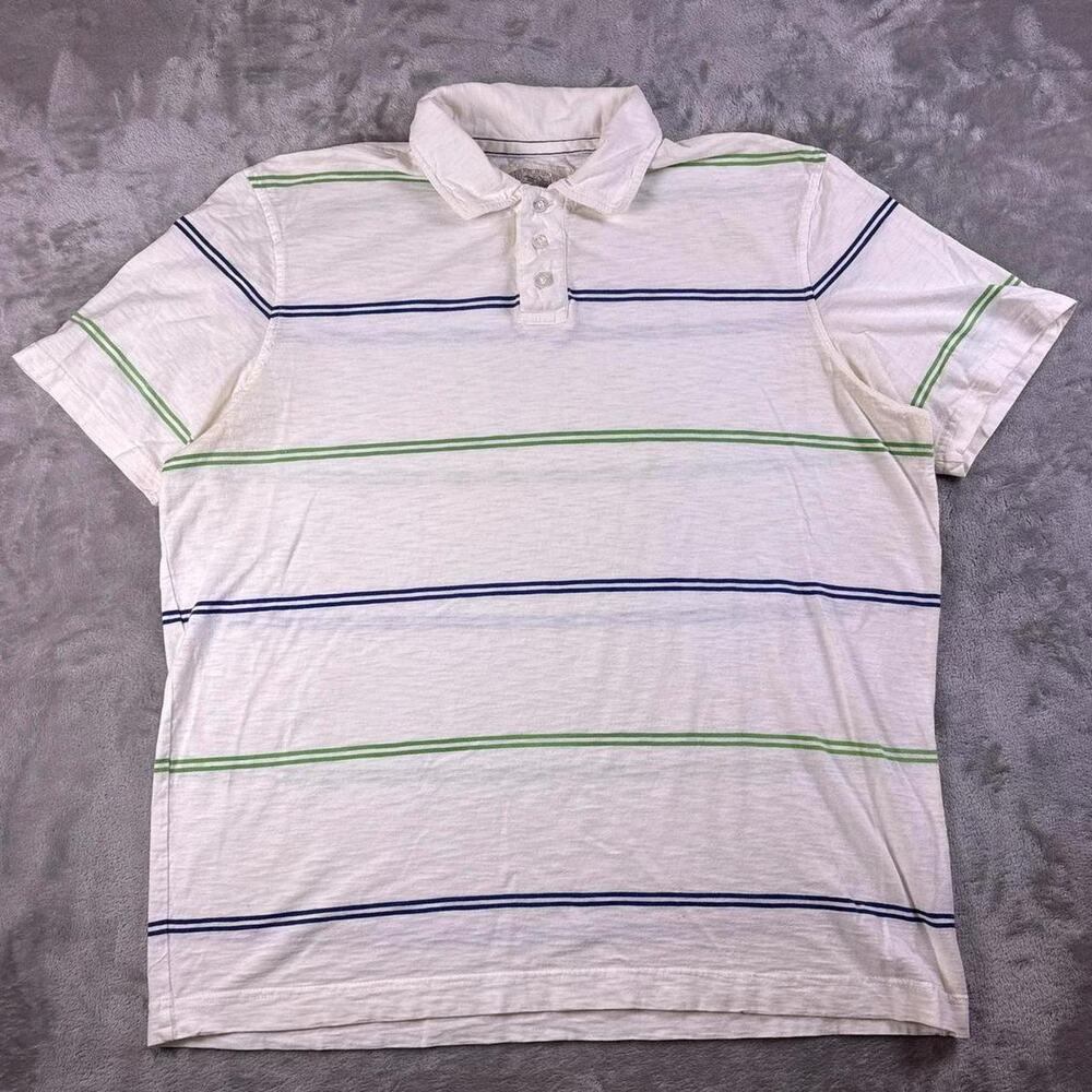 Y2K Aeropostale Polo Shirt Mens XL White Green Navy Striped Cotton Distressed